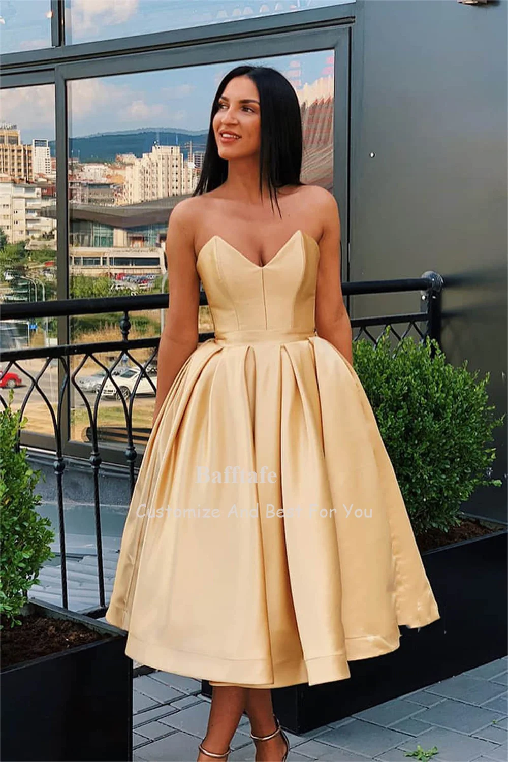 Bafftafe simples cetim vestidos de baile chá-comprimento midi vestidos de baile personalizado querida feminino festa formal vestidos de noite 2024