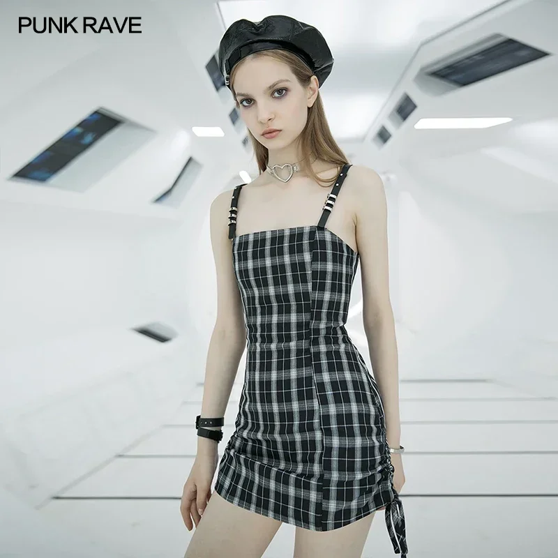 PUNK RAVE Women's Punk Daily Halter Checker Sleeveless A-Line Mini Dress Summer Temperament Slim Fashion Sexy Girl Dresses