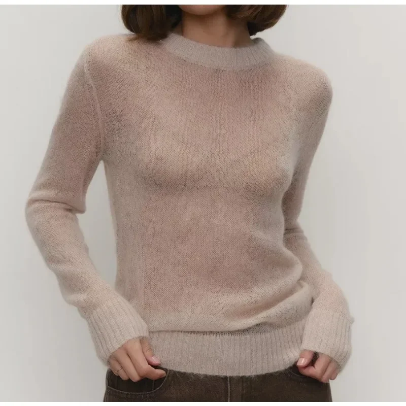2026 Summer and Autumn New Thin Sweater Blouse Perspective Basic Knitted Sweater Candy Color 3