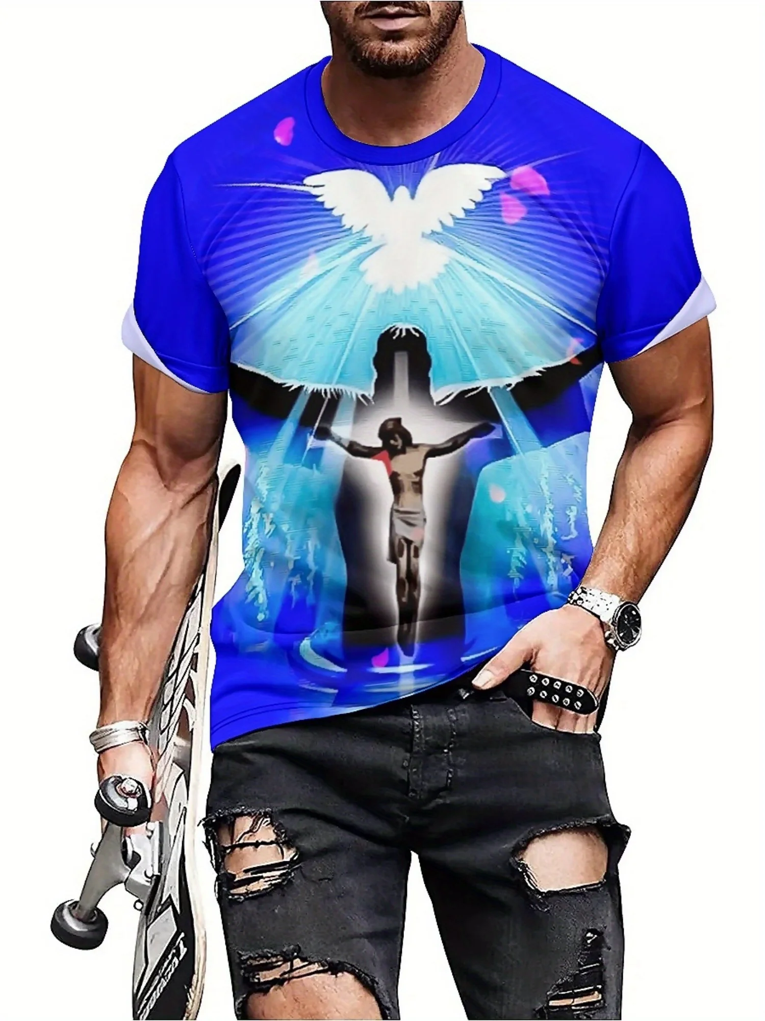Camiseta masculina plus size com estampa 3D Jesus - azul com design de asa branca, manga curta, poliéster respirável,