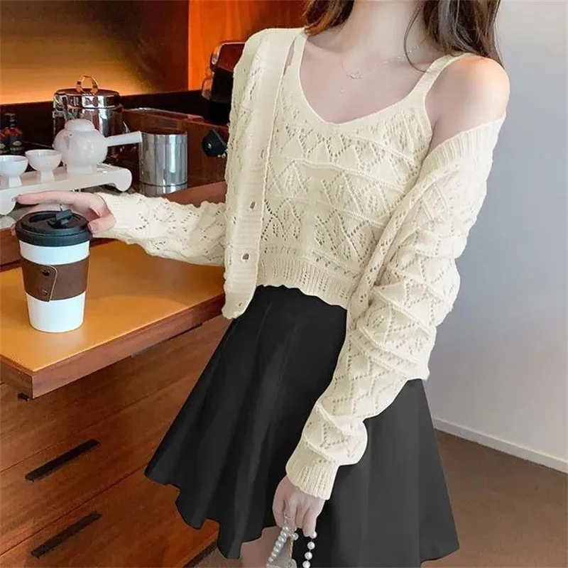 2023 Spring Autumn New Sweet and Westernized Hollow out Knit Cardigan Long Sleeve Top Short Tank Sweater Two Piece Set Fashion