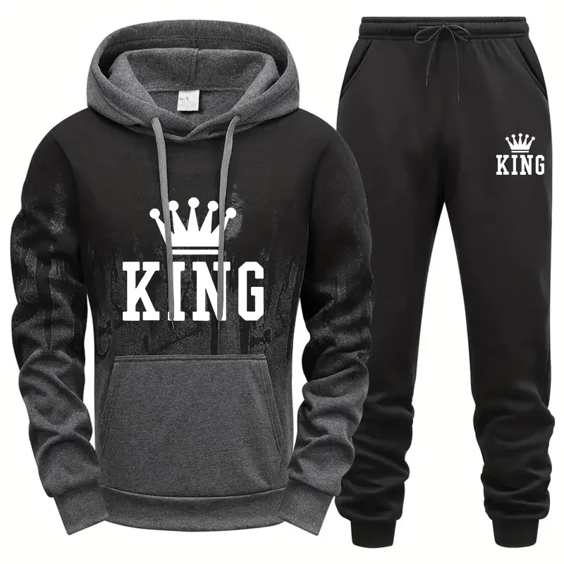 

King Printing Mens Tracksuit Splash-ink Hooded Sweatshirts Casual Sports Jogging Mens Clothing Fashion Single Piece Tops Pants