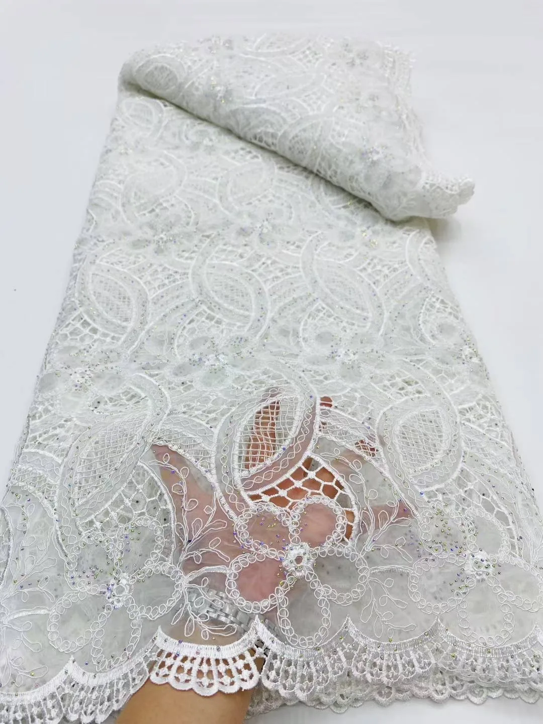 

2025 High Quality African Nigerian With Tulle Sewing Lace Fabric Guipure Embroidery Dresses Sequins Beads Stone 5yards DP0415