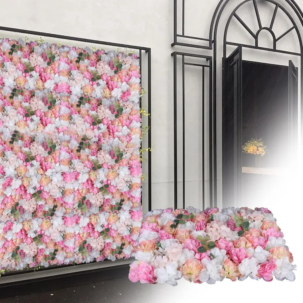 

12pcs Artificial Flower Wall Panel Background 3D Pink Champagne Silk Eucalyptus Rose Flowers Wall Backdrop