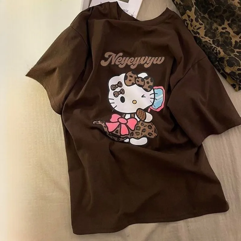 ใหม่ Hello Kitty พิมพ์เสื้อยืดแขนสั้นชุดน่ารักอะนิเมะพิมพ์ผ้าฝ้ายเสื้อยืดเสือดาวพิมพ์กางเกงขาสั้นผู้หญิงเสื้อผ้า