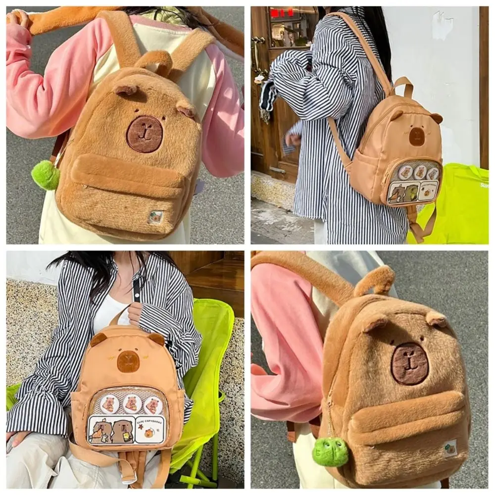 Kawaii Capybara School Backpack Large Capacity Plush Student Bag School Accessory Shoulders Bag Travel