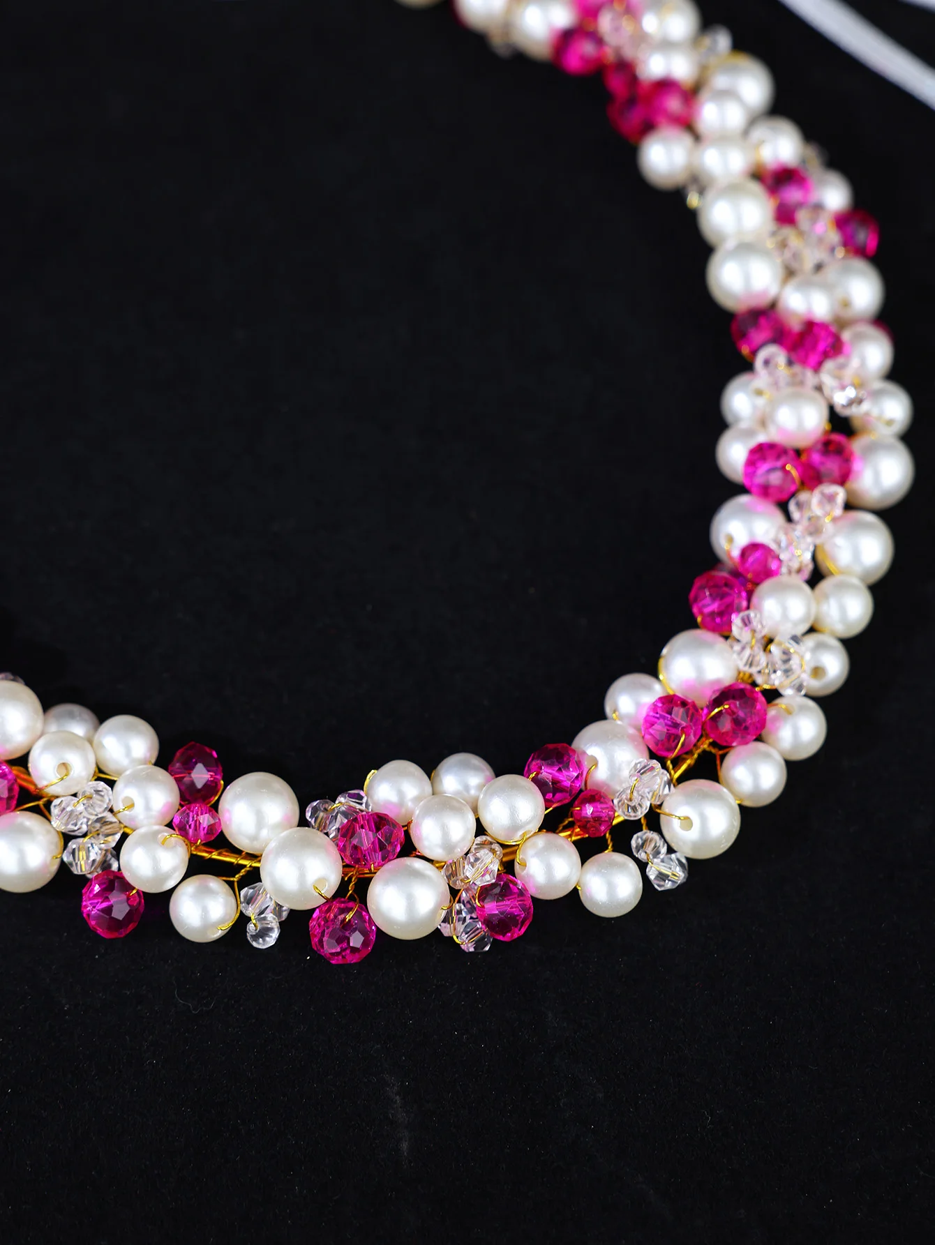 Handmade Pearl Pink Crystal Bridal Headband White Ribbon Adjustable Headpiece Wedding Party Hair Accessories