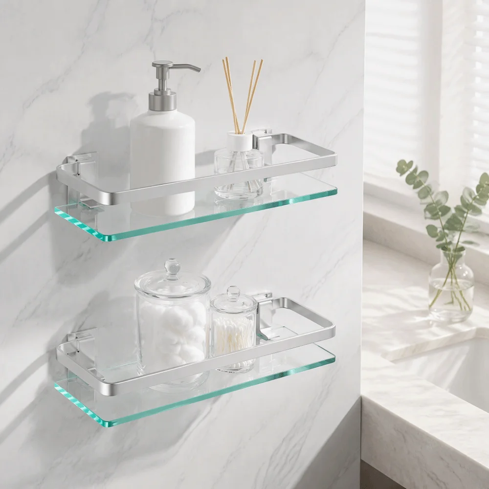 Aluminum Glass Bathroom Storage Rack Tempered Thickened Glass Rectangular Shape Glass Shelf Organizer Silver Space Saving