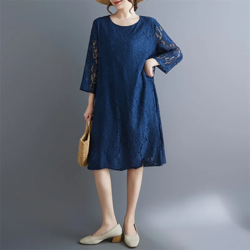 Vestido Azul de Aodón con Encaje, Cuello Redondo, Corte en A, Estilo Coreano, Talla ande, Nuevo Modelo, Cómodo para el Tr...