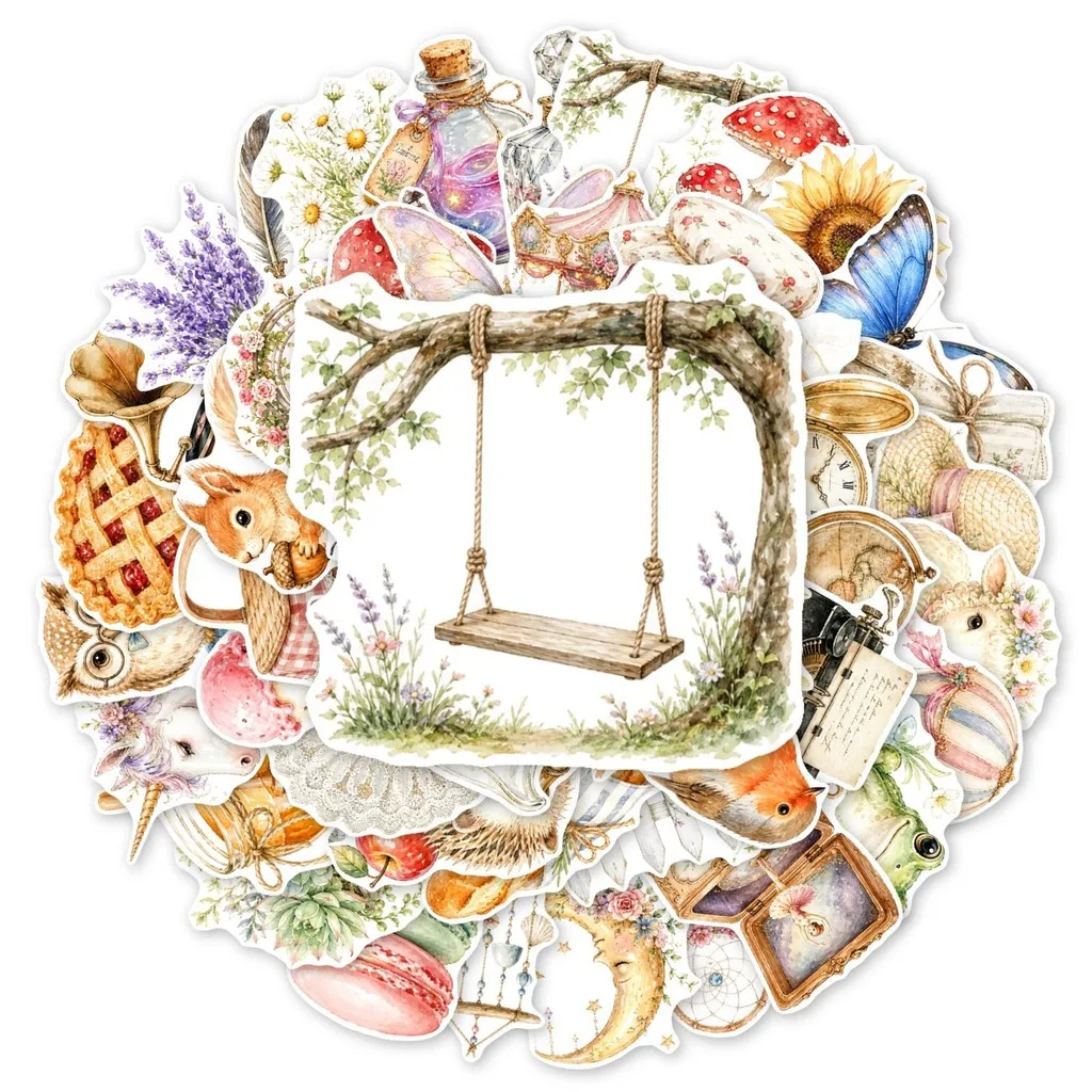 50Pcs Watercolor Pastoral Mixed Stickers, Forest Animals Butterflies Mushrooms Dessert Decals for Journaling AnimeWorlds Store