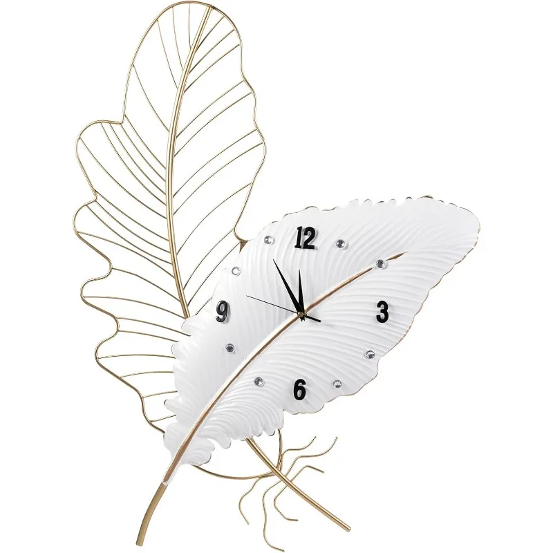 

Large Wall Clock Metal Feather Decorate,Gold Silent Non-Ticking Big Clocks Modern Home Decorations for Living Room,Bedroom,Dinin