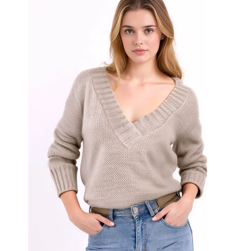 

Свободный пуловер с v-образным вырезом и длинными рукавами, женский осенне-зимний повседневный топ, классический простой однотонный элегантный трикотаж в стиле ретро, джемпер