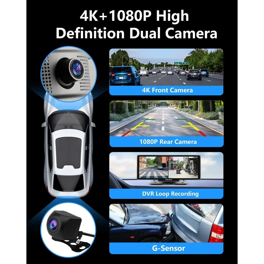 Экран Carplay с видеорегистратором 4K, беспроводной Carplay и Android Auto, 9,3-дюймовый портативный сенсорный экран для автомобиля с резервной камерой 1080P