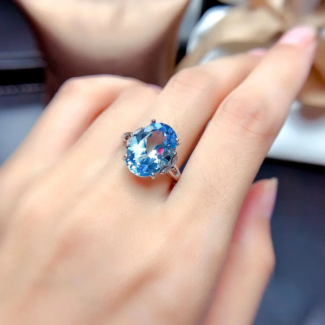 토파즈 반지 실버 925 천연 스위스 블루 원석 클래식 스타일의 여성 약혼 기념일 선물을 위한 고급 주얼리