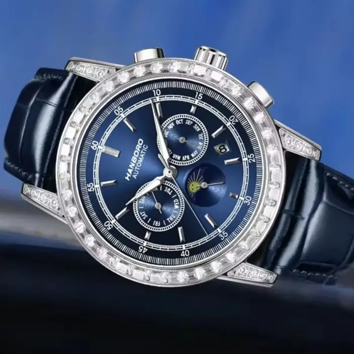 HANBORO Men Automatic Watch 43.5mm Mechanical Wristwatch Sapphire Mirror Waterproof Multi-Dial Month Week Date Sun-Moon