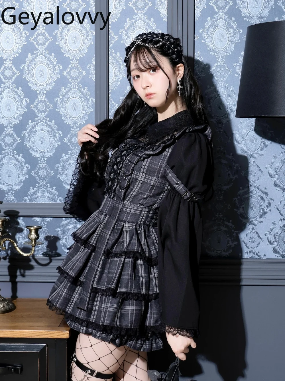 

Sweet Girl Style Patterned Flared Long Sleeve Lace Dress Vintage High Waist Cake Dress and Shorts Fashion Matching Two-Piece Set