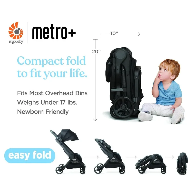 Ergobaby Metro + Stroller bayi, kereta dorong bayi ringan dapat dilipat ke bawah untuk penyimpanan pesawat atas kepala