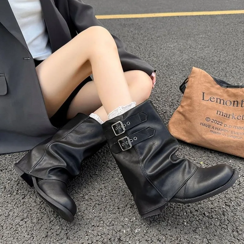 Botas de media caña con doble hebilla para mujer, botas retro con fruncido y caña ancha, botas de tacón ancho estilo western, botas de caballero, moda Y2K