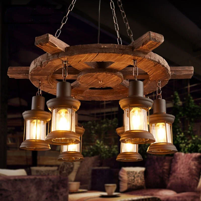 

Retro Loft Solid Wood Chandelier for Restaurant Coffee Shop Vintage Industrial Pendant Lights Living Room Decoration