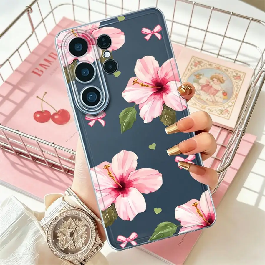 Phone Cover Case for Samsung Galaxy S26 Ultra Note 20 Ultra 10 S23Ultra S24 S25 Edge S20 Plus S21 S23 Ultra S22 FE Pink Hibiscus