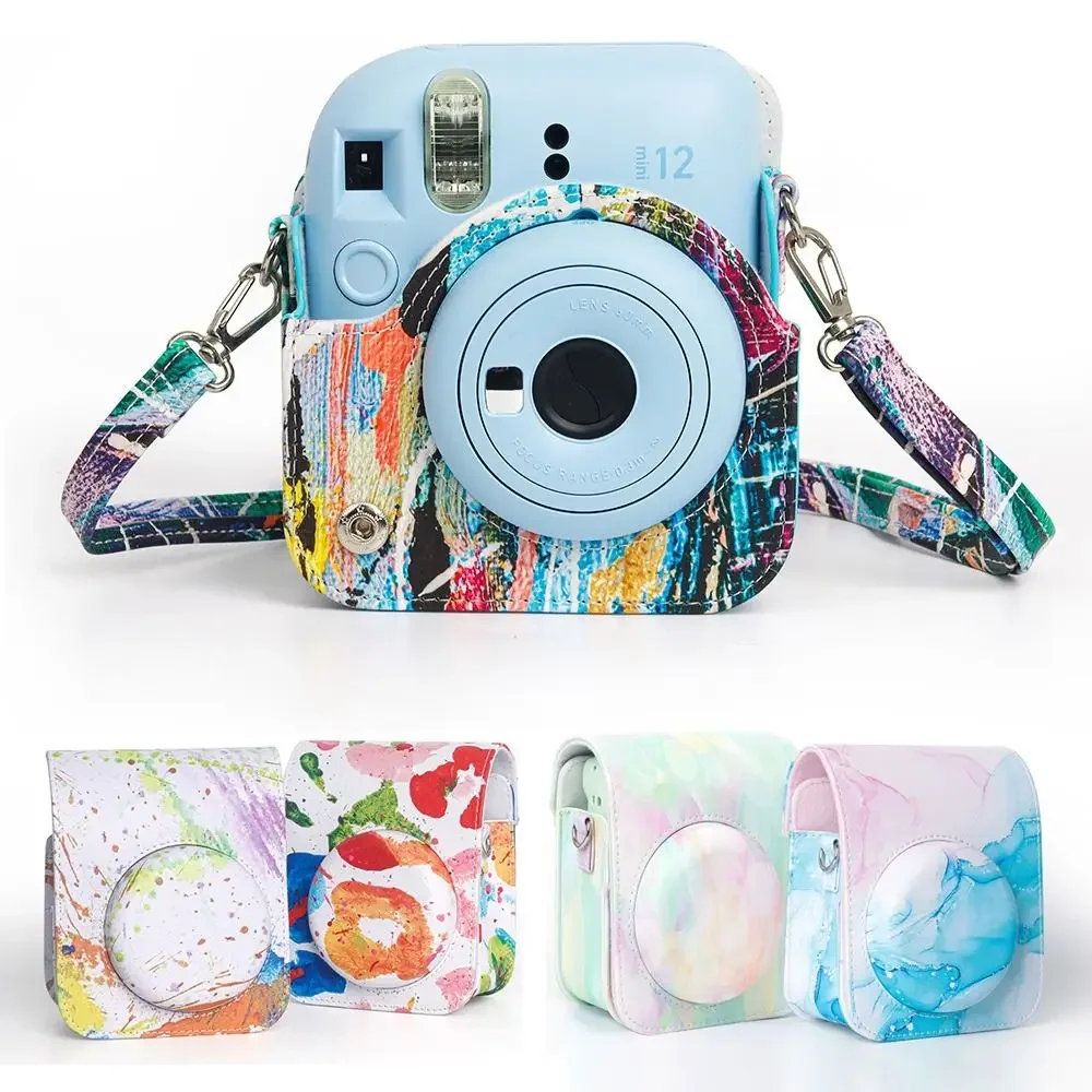 PU Leather Instant Camera Protective Cover Art Painting Photography Storage Bag For Fujifilm Instax Mini12 With Adjustable Strap