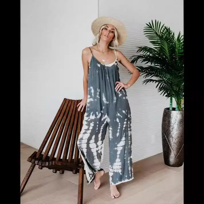 

plus Size Printed Women's Jumpsuit with Susp Low Waist Long Pants Polyester Fiber Thin Summer Faion Ladies Suit