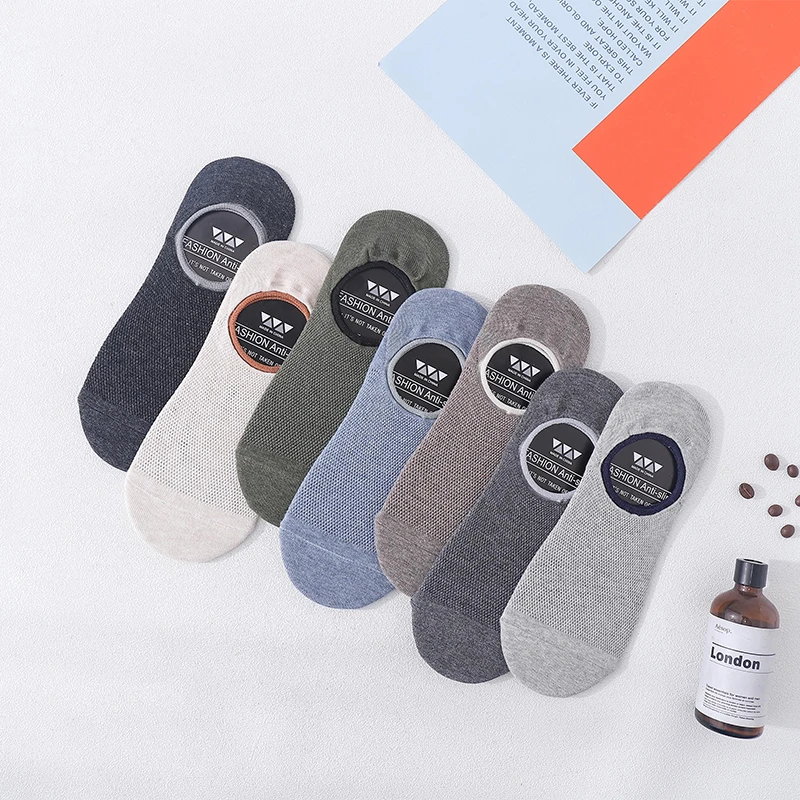 5 Pairs Men Casual Boat Socks Male Cotton Solid Color Striped Ankle Sox Anti-slip Comfortable Breathable Short Invisible Socks