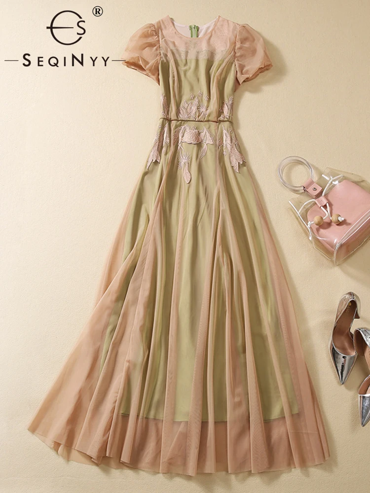 

SEQINYY Khaki Elegant Dress Summer Spring New Fashion Design Women Runway High Street Mesh Embroidery Flower A-Line Casual