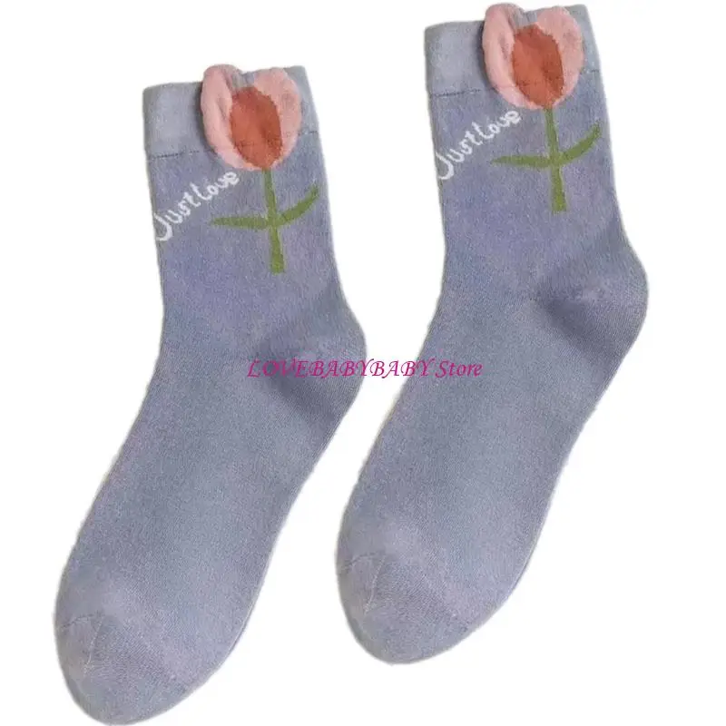 

Preppy Styles Flower Socks For Women Girls Breathable Comfortable Midcalf Socks 4XBC
