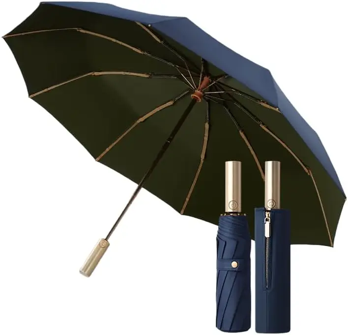 

Golf Large Business Travel Folding Umbrella with Luxurious Gold Handle,Auto Open/Close, Rain/Sun,Portable,Compact,UV Protection