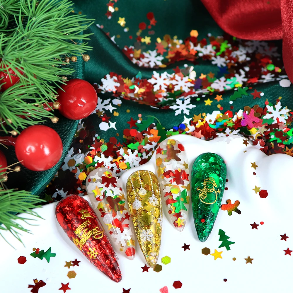 홀로그램 크리스마스 네일 스팽글 진저브레드 눈송이 리본 네일 아트 글리터 겨울 크리스마스 매니큐어 액세서리