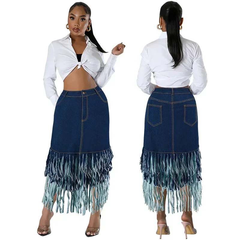 

F218537 plus size women's European and American fashion two-color patchwork tassel long skirt, fat MM, skirt onesie