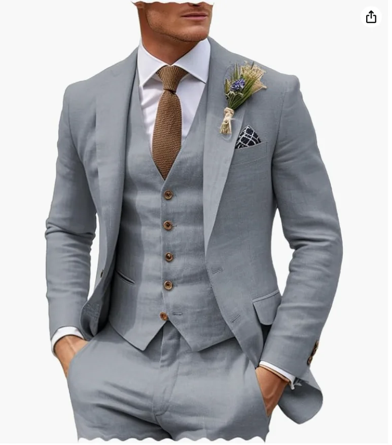 3 piece Linen Summer Men Suits for Wedding Groom Tuxedos 2024 Casual Beach Custom Man Suit Set Jacket Vest with Pants Man Fahion