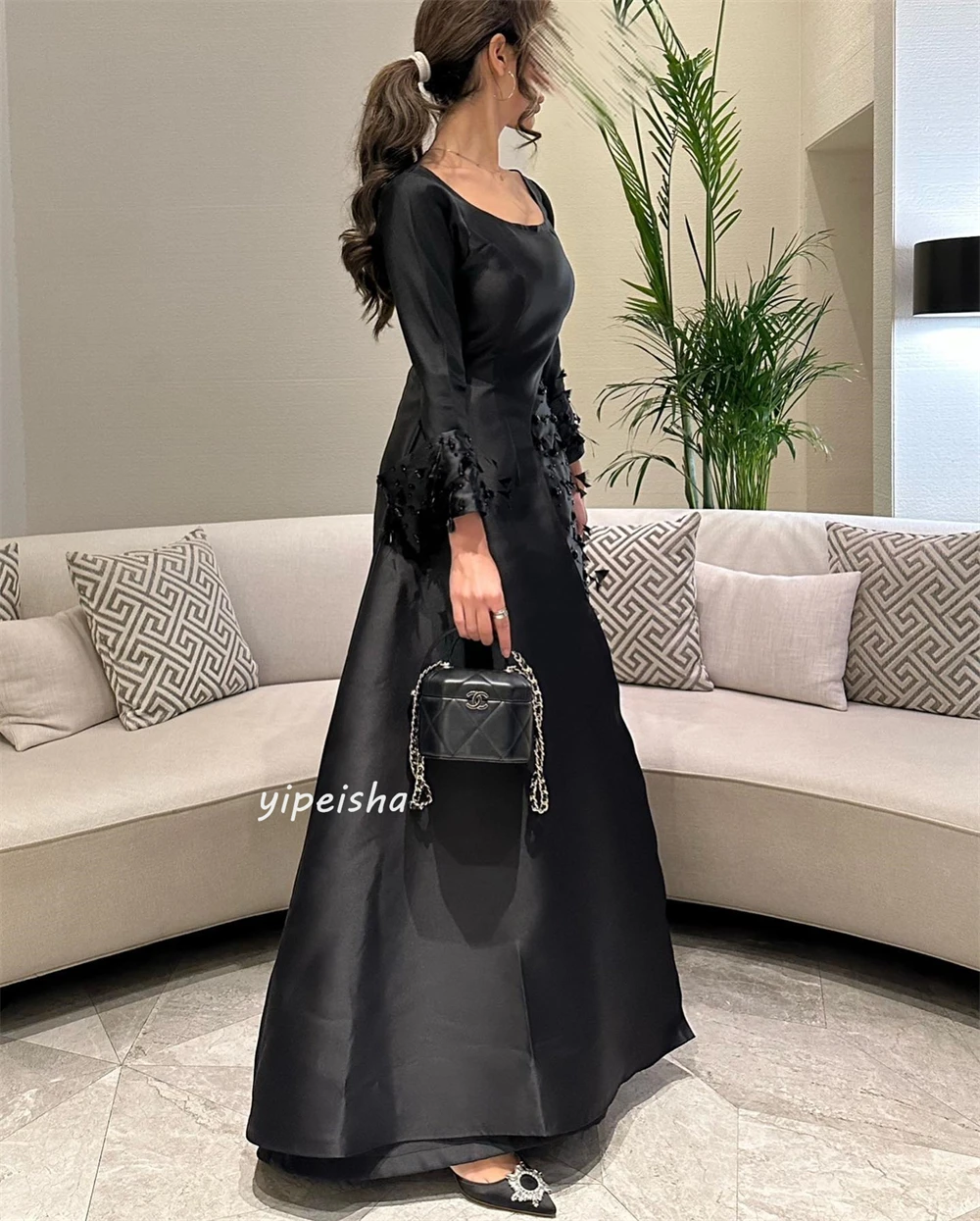 Hochwertige funkelnde exquisite Satin perlen drapiert formelle Abend A-Linie O-Ausschnitt maßge schneiderte Anlass Kleid lange Kleider