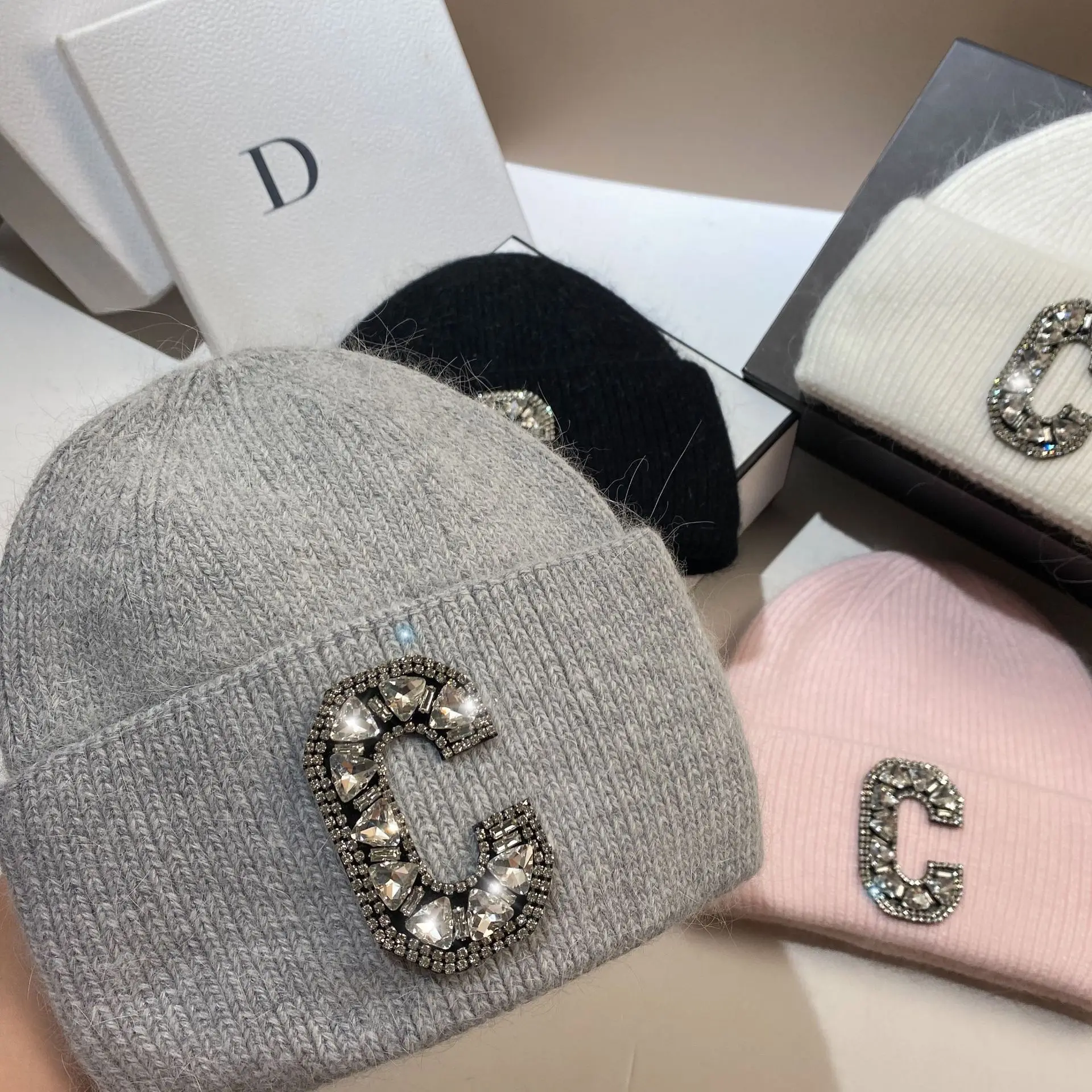 Luxury Rhinestone Letter C Knitted Hat Real Rabbit Fur Women Men Winter Warm Beanie Ear Protection Sking Skullies Beanies Cap