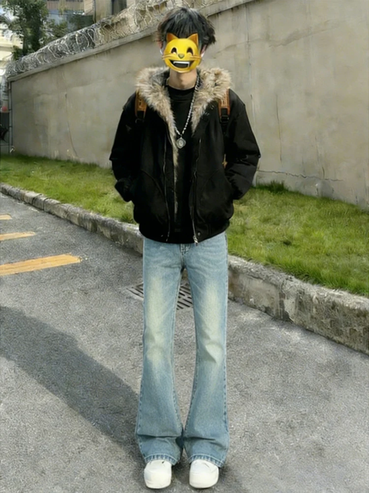 

Retro Blue Men's Jeans High Street Knife Straight Leg Micro Flared Pants CleanFit Rise Cotton Polyester Blend Denim