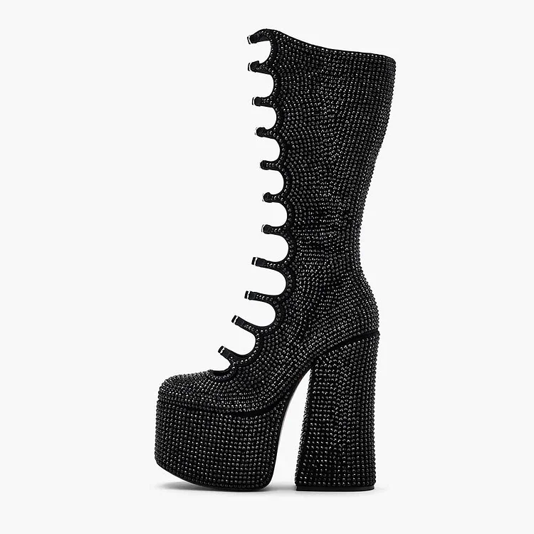 

Black Buckle Strappy Chunky Heel Platform Mid-Calf Rhinestone Boots