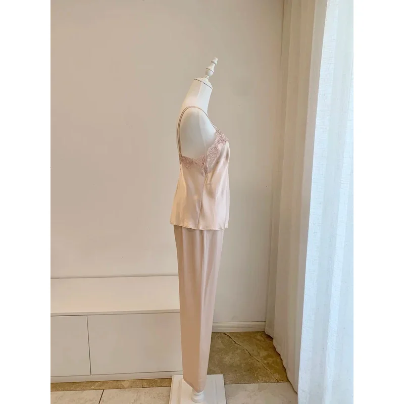 Women Embroidery Trim Strapless 100% Silk Camisole + Elastic Waist Wide Leg Pants