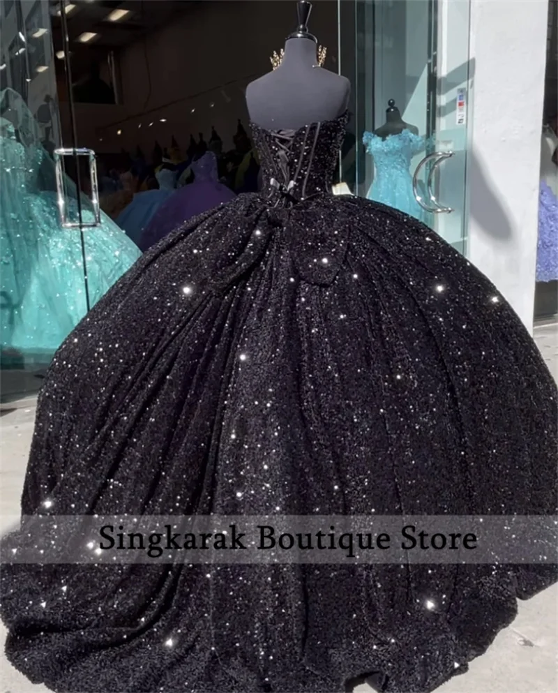 Glitter Black Ball Gown Princess Quinceanera Dress 2023 With Bow Sequins Sweet 16 Party Gown Vestidos De 15 Años Customized