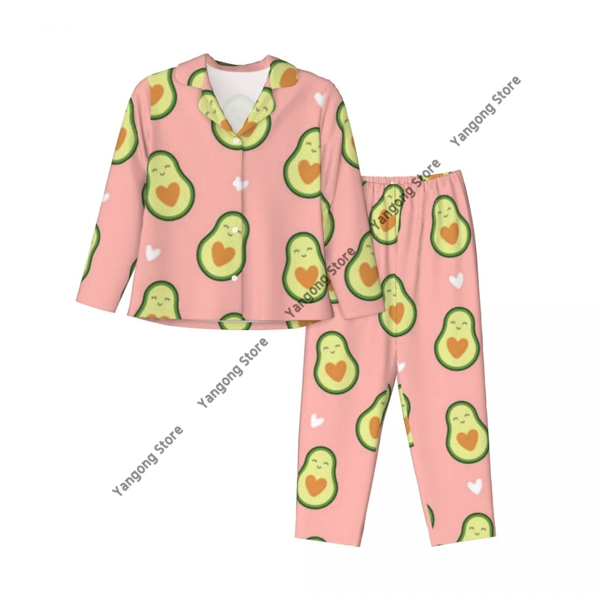 Women Sleepwear Pajamas Cute Avocado With Hearts Shapes Long Sleeve Pijama Female Set Negligee Cardigan Suit image 3