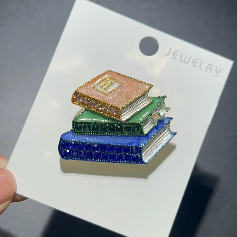 Wuli&baby Enamel Books Brooches For Women Rhinestone 3-book Stationary Beautiful Party Casual Brooch Pins Gifts