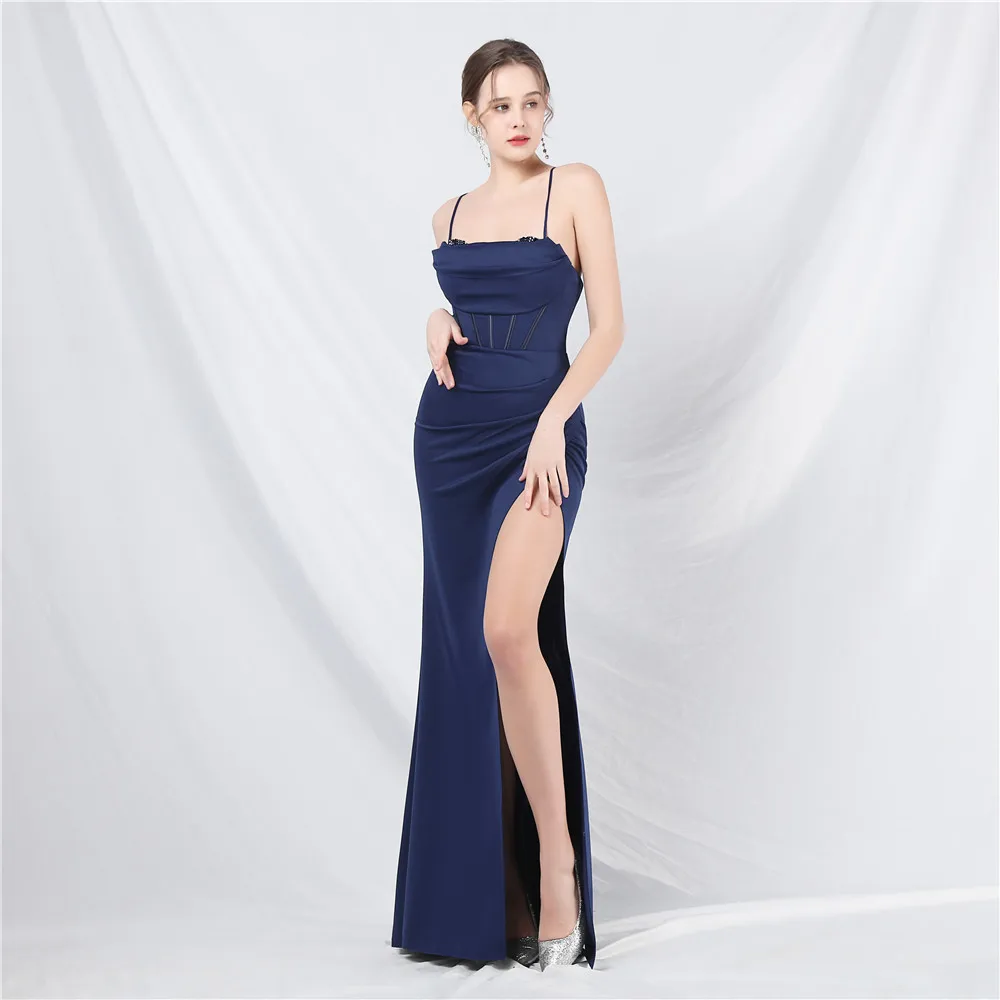 Sladuo-vestido de noche con abertura alta para mujer, traje Sexy con tirantes, elegante, sin mangas, ajustado, para fiesta y discoteca