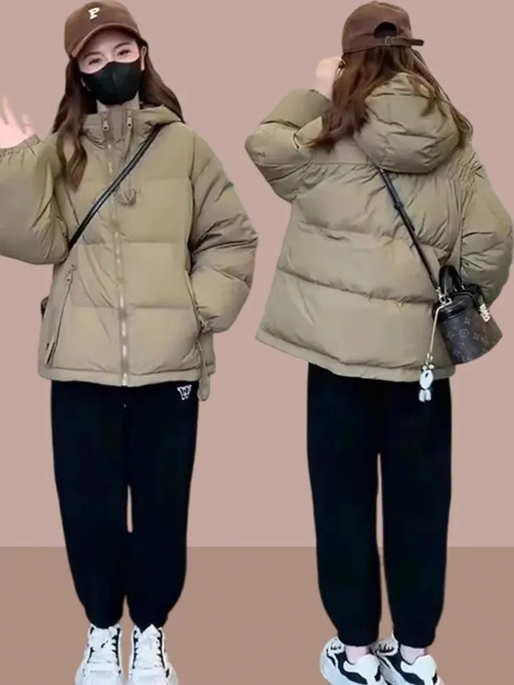 

Winter 2024 Women's Thiened Cotton Jaet Hooded down Puffer Coat Long Sve Loose Fit ort Outerwear Faion Commute