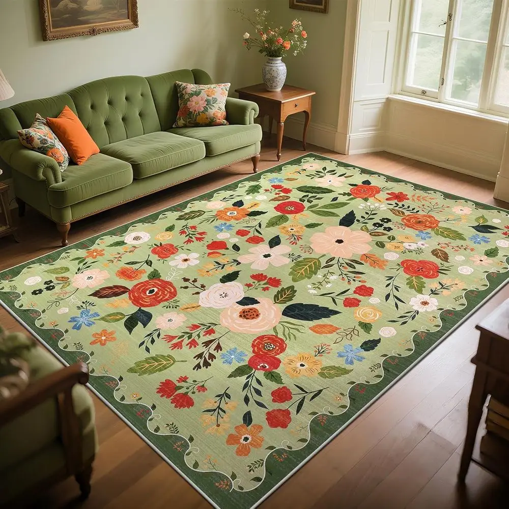 

6x9 Vintage Floral Rug, Machine Washable, Soft Low Pile, Non-Slip, No Shedding, Ideal for Living/Bedroom/Dining/Office (Green)