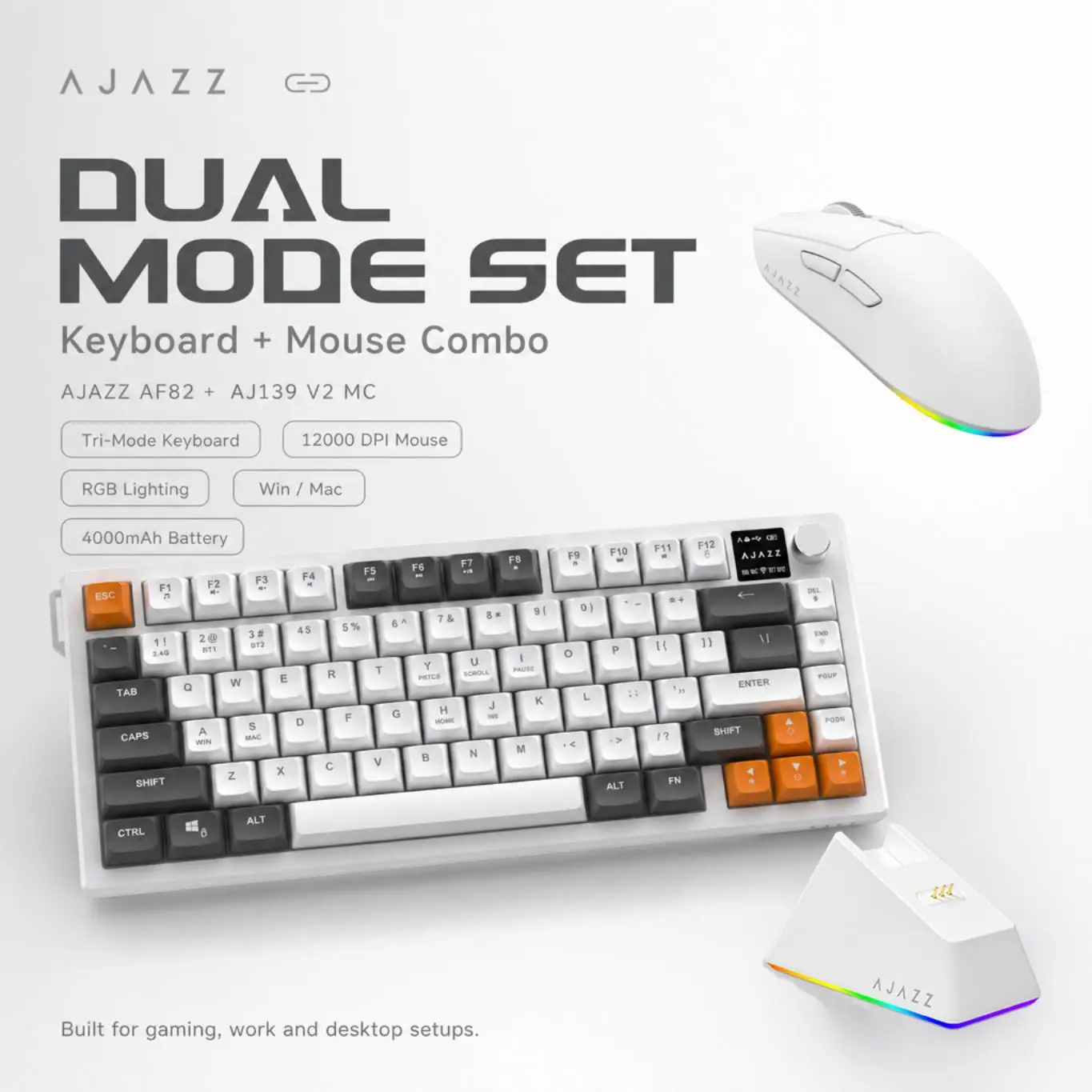 AJAZZ 82-Tasten 3-Modus Kabelloses Membran-Tastatur-Maus-Set, RGB-Hintergrundbeleuchtung mit Smart-Display & Einstellknopf, 4000mAh Akku, Büro-Gaming-Kombination für den Schulanfang
