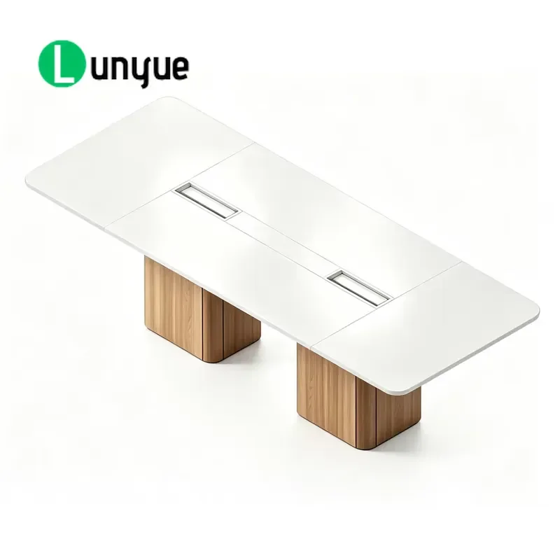 Deluxe Wooden Conference Table White Glossy Top Convex Textured Base Modern Office Meeting Desk Durable Furniture for