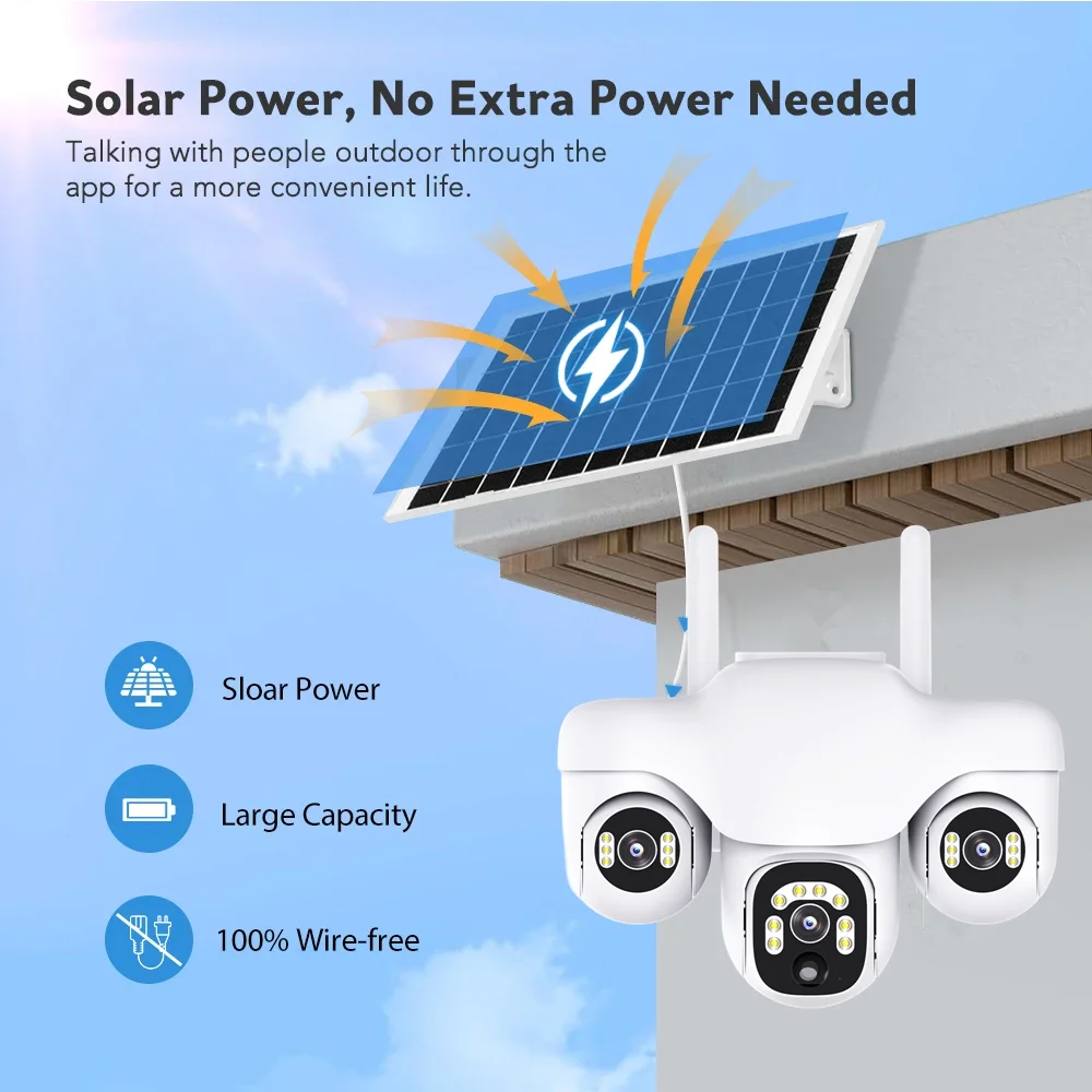 V380 Pro 15MP عدسة ثلاثية PTZ التحكم 4G كاميرا تعمل بالطاقة الشمسية في الهواء الطلق ثلاثة شاشات PIR كشف الحركة كاميرا مراقبة أمنية CCTV