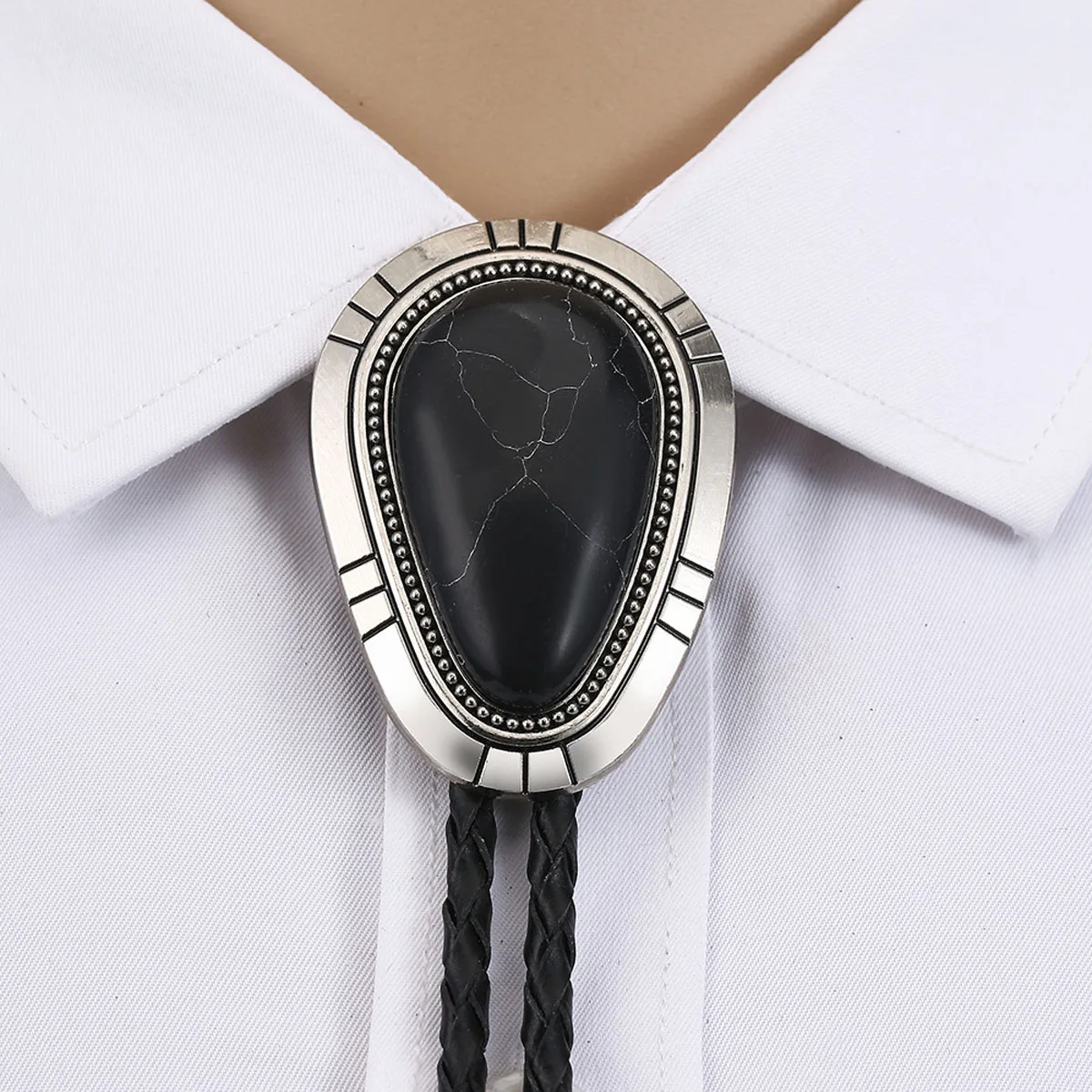 Western Cowboy Retro Mode Tropfenförmiger Metallkanten-Stil Schwarzer Obsidian Herren Bolo-Krawatte – Detail 6