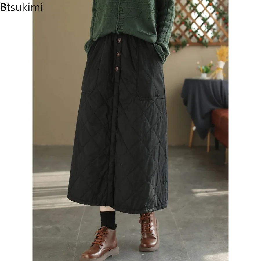 New Women Retro Diamond Grid Quilted Skirt Winter Warm Large Size High Waist A Line Cotton Blend Casual Daily Outdoor Maxi Skirt