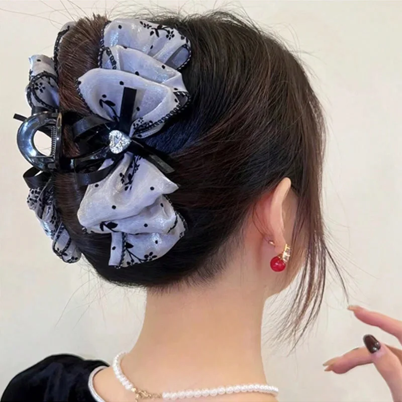 1pc women\'s multi-color rhinestone heart embellishment mesh bow hair clip double-sided bubble grip clip fluffy hair claw